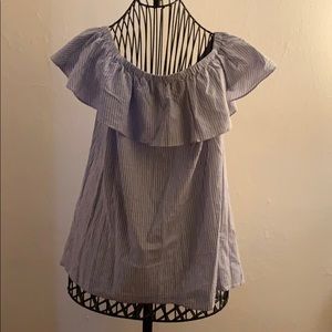 Blue & white striped peasant top with embroidery